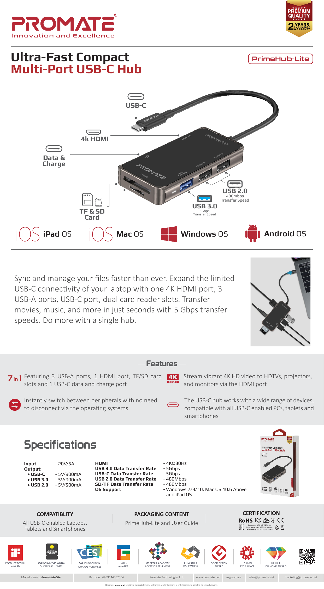 کارت خوان SD و TF هاب USB-C پرومیت PrimeHub Lite