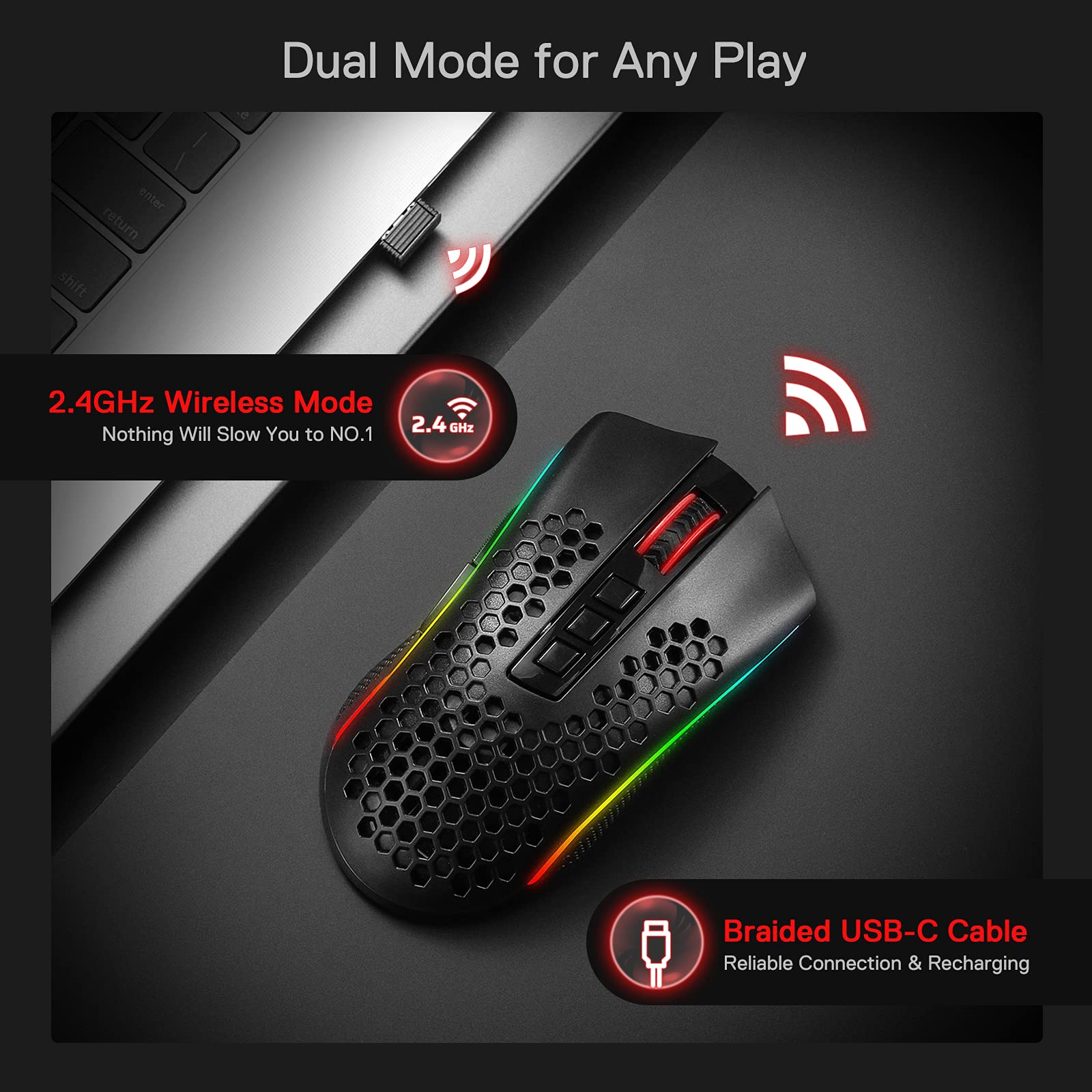 کابل USB-C ماوس گیمینگ Redragon Storm Pro M808-KS